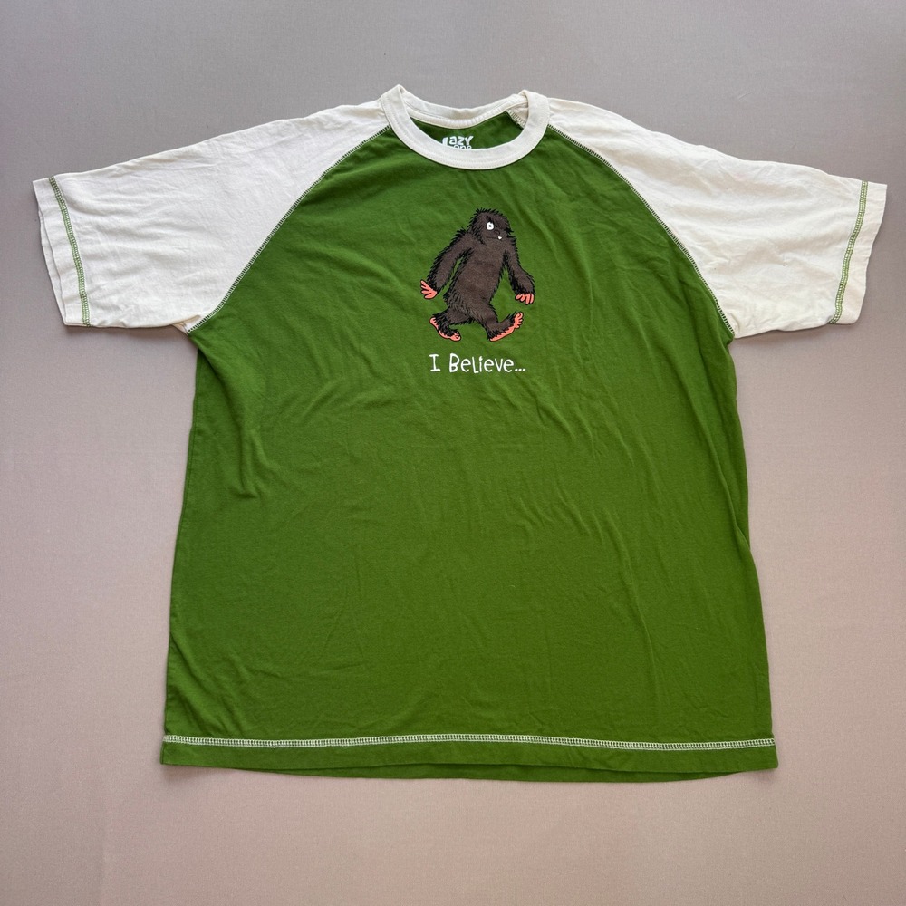 Lazy One Bigfoot I Believe Raglan Graphic T-Shirt Green White Mens Size M